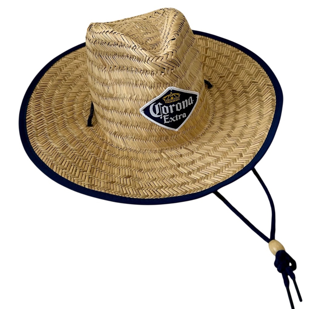 Corona Straw Hat Lifeguard Hat Blue Trim Island Design Chin Strap Corona Patch